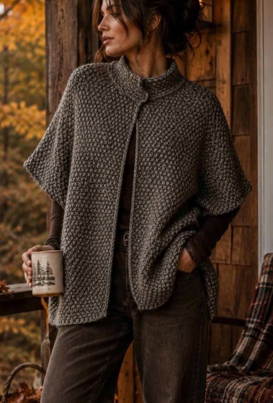 Elsamanda Made in Italy Wool Alpaca Knit Cape Poncho Cardigan brown fall M